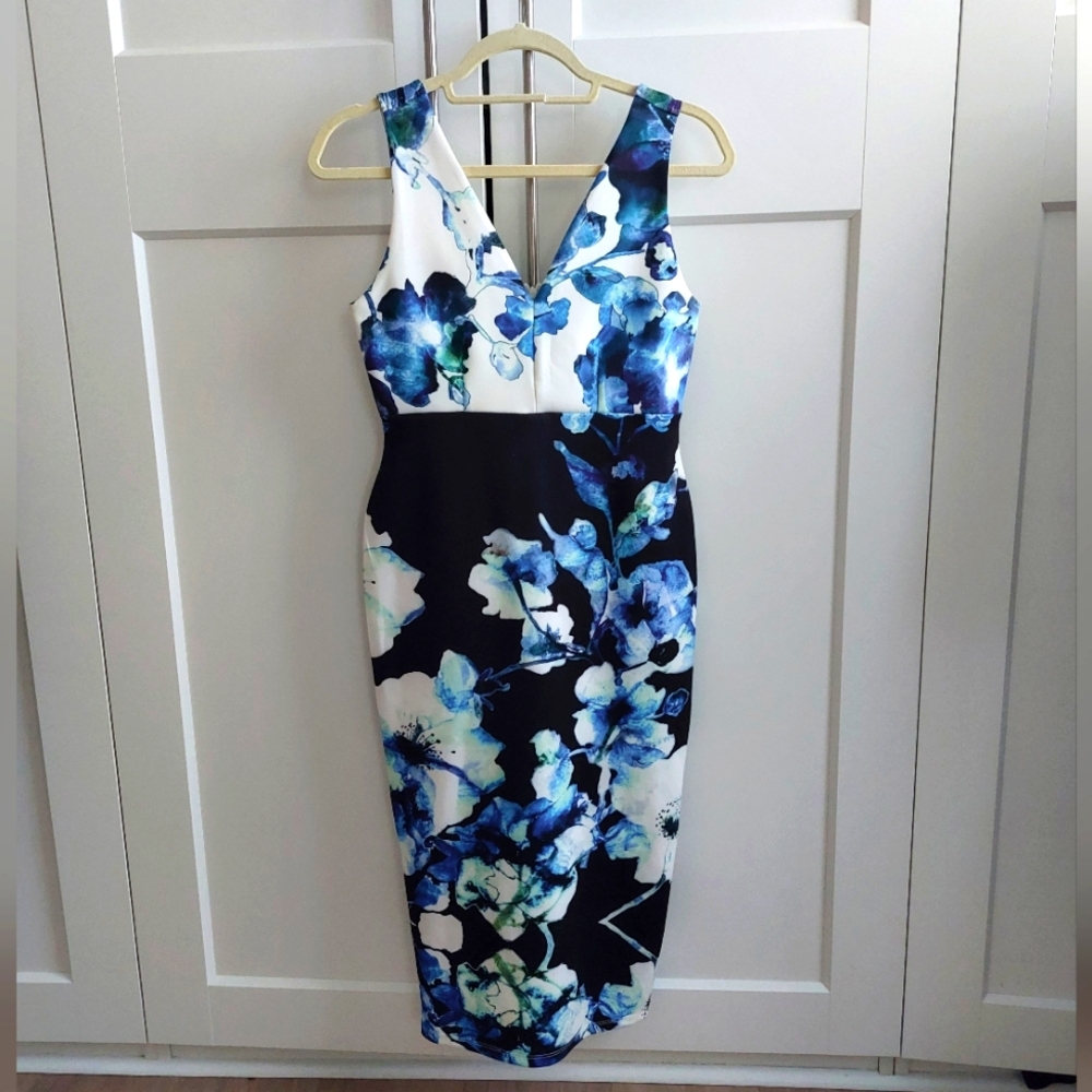 NWOT - ASOS Maternity Scuba Plunge Body-Conscious Dress In Blue Floral - Picture 3 of 7